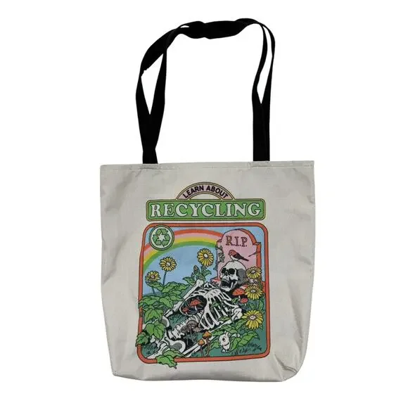 Skeleton “Learn About Recycling” RIP Grave Spooky Tote Bag Whimsygoth Funny - Picture 3 of 8